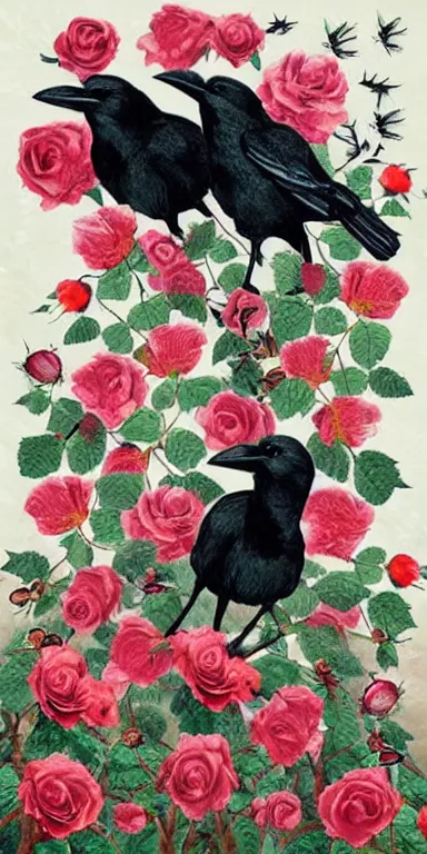 Image similar to crows made out of roses, rose crows, flower crows, crows made of flowers, muted tones, album artwork, expressionist, serene,