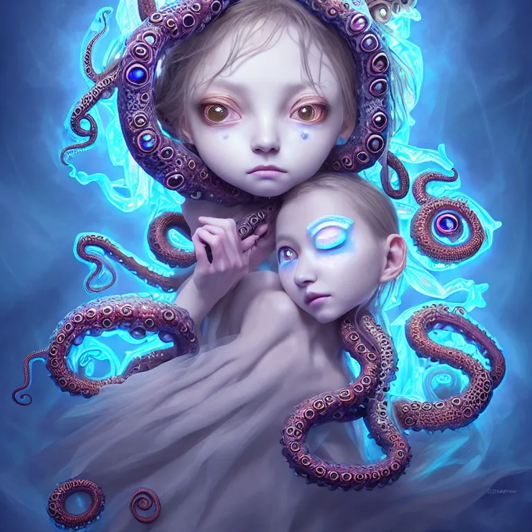 Image similar to A full shot of a cute magical monster Cryptid wearing a dress made of opals and tentacles. Chibi. Subsurface Scattering. Translucent Skin. Caustics. Prismatic light. defined facial features, symmetrical facial features. Opalescent surface. Soft Lighting. beautiful lighting. By Giger and Ruan Jia and Artgerm and WLOP and William-Adolphe Bouguereau and Loish and Lisa Frank. Sailor Moon. trending on artstation, featured on pixiv, award winning, sharp, details, intricate details, realistic, Hyper-detailed, HD, HDR, 4K, 8K.
