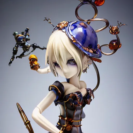 Image similar to by Yoshitaka Amano, by James Jean, by Good Smile Company, detailed resin anime sculpture of a 26yo female jester necromancer wearing a skull hat, close up dslr studio photograph, headshot, portrait, artstation, sci fi futuristic costume, mysterious temple setting, grim lighting