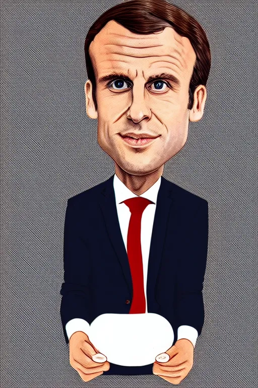 Prompt: Emmanuel Macron sitting on a huge pill of money, cartoon, white background