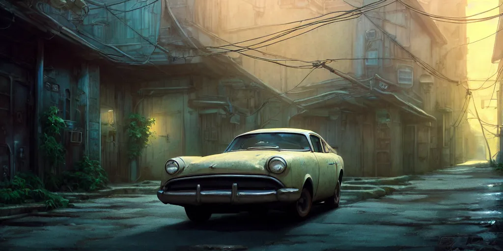 Image similar to a wholesome animation key shot of a focused old car parked in an abandoned alleyway, medium shot, waist up, studio Ghibli, Pixar and Disney animation, sharp, very detailed, high resolution, Rendered in Unreal Engine 5, anime key art by Greg Rutkowski, Bloom, dramatic lighting