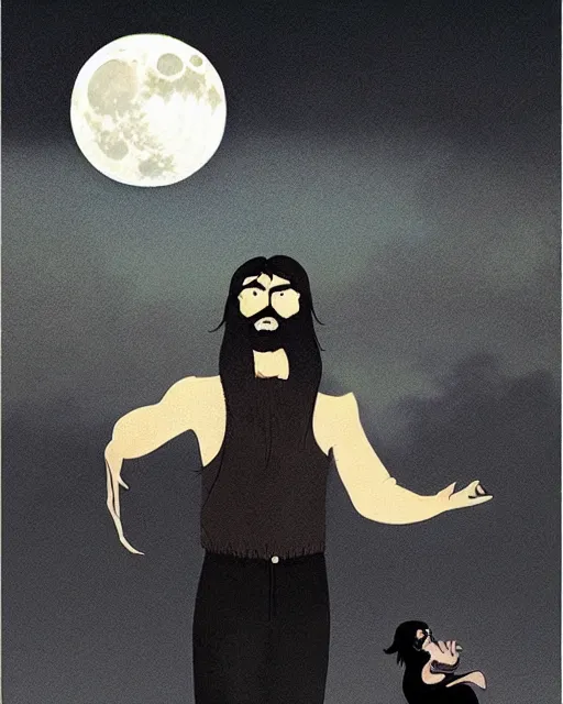 Image similar to portrait of a man with long black hair and beard holding his imaginary bird friend in his hands, full moon in the background, fine portrait, beautiful, realistic, by tomer hanuka