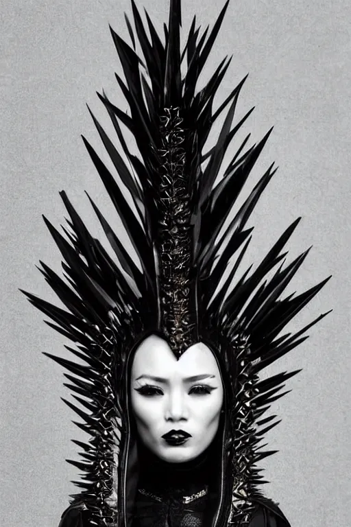 Prompt: an tibetian woman in a black leather outfit with spikes on her head, a high fashion character portrait by christen dalsgaard, featured on behance, gothic art, androgynous, genderless, gothic