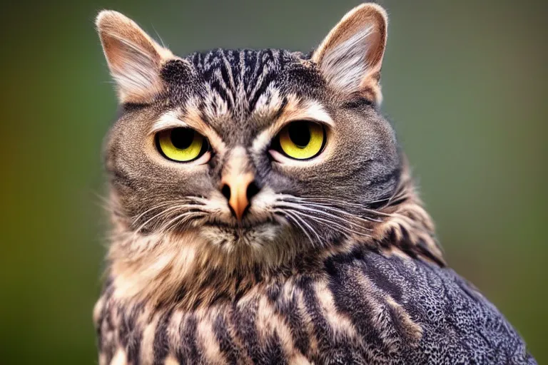 Image similar to a cat owl!!! hybrid! hyper realistic!! realistic lighting!! wildlife photographer of the year!!! bold natural colors, national geographic, hd, wide angle, 8 k