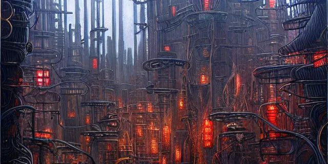 Image similar to painting of redwood forest labyrinth consuming cyberpunk metropolis in the style of steampunk by dan seagrave and john stephens