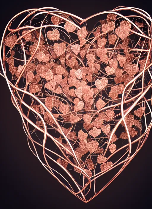 Image similar to rose gold heart, wrapped in vines, vray, deep black background, machine face, intricate, elegant, highly detailed, vintage photography, prism highlights, cgsociety, smooth, sharp focus, telephoto, depth of field