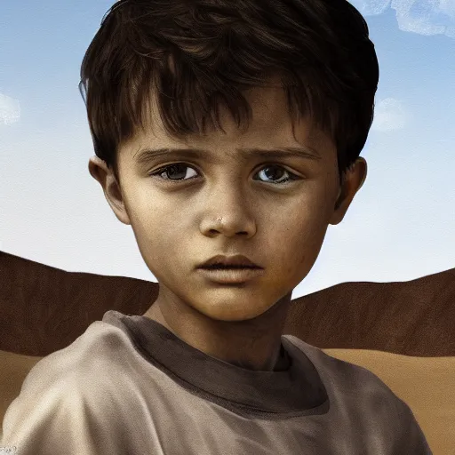 Image similar to a detailed portrait of a boy in the desert, art illustration, incredibly highly detailed and realistic, 8 k, sharp focus