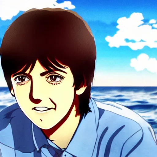 Image similar to anime illustration of young Paul McCartney from the Beatles, wearing a blue and white check shirt, on a yacht at sea, smiling at camera, white clouds, ufotable