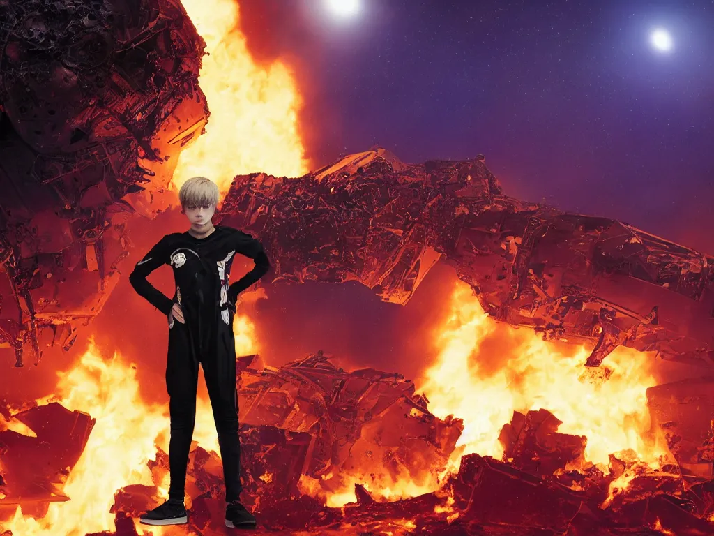 Image similar to portrait of a depressed teenager with emo haircut wearing gothy purple and black spandex suit, standing next to smashed burning spacecraft wreckage, on the orange surface of mars, highly detailed, dramatic lighting, photorealistic, cinematic