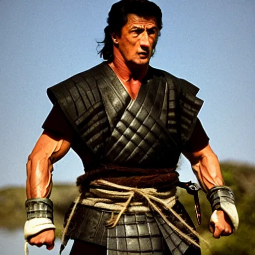 Image similar to Sylvester Stallone as samurai , a film still