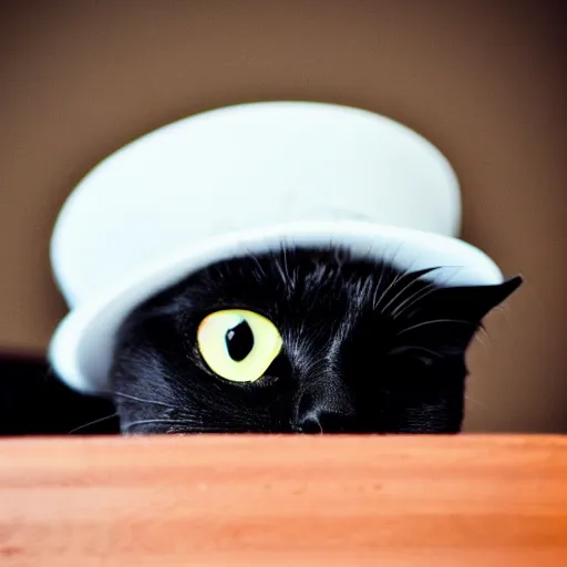 Image similar to a photo of a black cat with black eyes, there is a white hat on top of the cat's head.