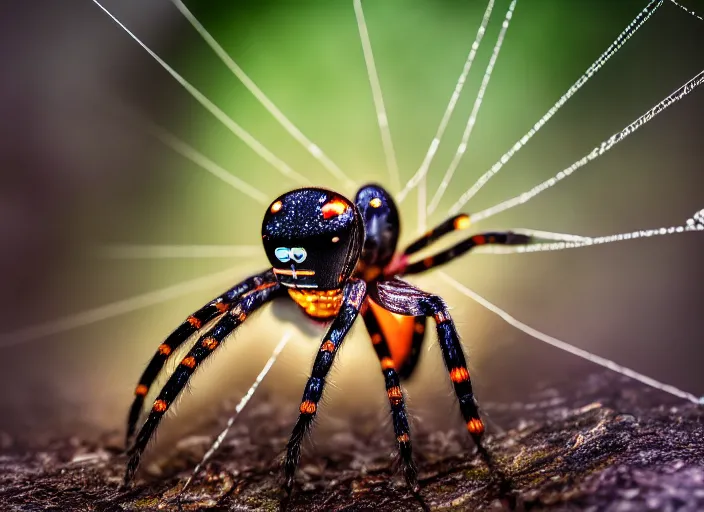 Image similar to super macro of a translucent crystal spider in the forest. Fantasy magic style. Highly detailed 8k. Intricate. Nikon d850 300mm. Award winning photography.