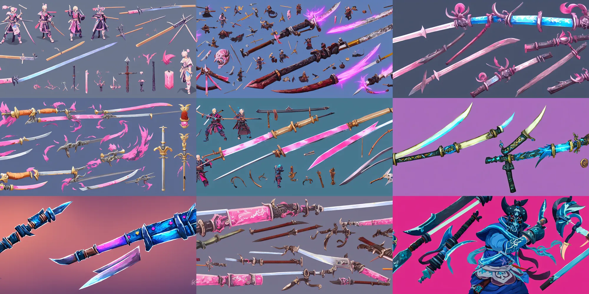 Prompt: game asset of fantasy samurai gun sword, in gouache detailed paintings, props, stylized, 2 d sprites, kitbash, arcane, overwatch, blue and pink color scheme, 8 k, close up