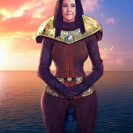Image similar to portrait of a woman medieval ship pilot on a ship looking into the sunset on the sea, wearing breastplate, hair in side part, digital art, bokah, high fantasy art style