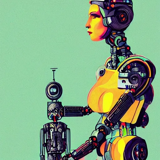 Image similar to Woman and her robot against the world. To be alive. Beautiful landscape. Rough strokes and grainy. Interesting colour scheme. Detailed. Beautiful digital artwork by artist Lurid. (2022)