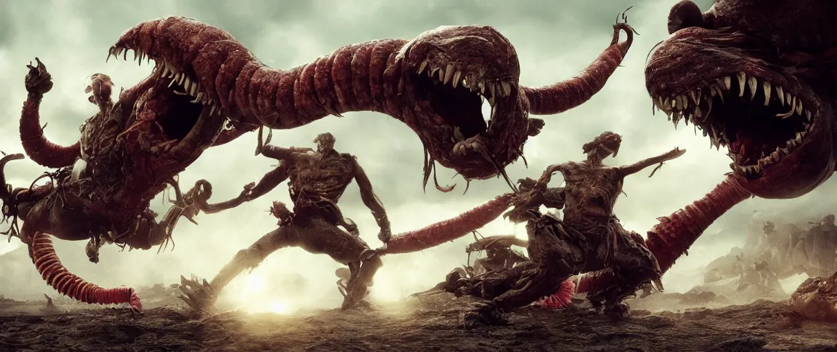 Image similar to pirates fighting giant screaming worm, cinematic atmosphere, maximized, high detail, 8k, ornate, dark fantasy, masterpiece, complex, film still from the movie directed by Denis Villeneuve