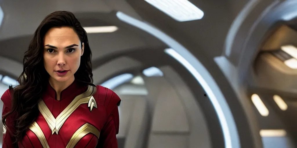 Image similar to gal gadot, in full starfleet uniform, is the captain of the starship enterprise in the new star trek movie