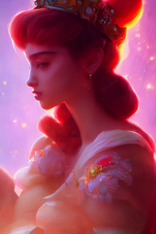 Prompt: princess peach, illustrated by Greg Rutkowski and Gaston Bussiere, 35mm lens, beautiful macro close-up imagery, vibrantly lush neon lighting, beautiful volumetric-lighting-style atmosphere, a futuristic atmosphere, intricate, detailed, photorealistic imagery, trending on artstation, 4k, 8k