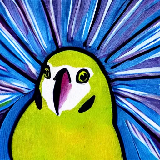 Prompt: art of a budgie maniacally grinning with a glint in its eye