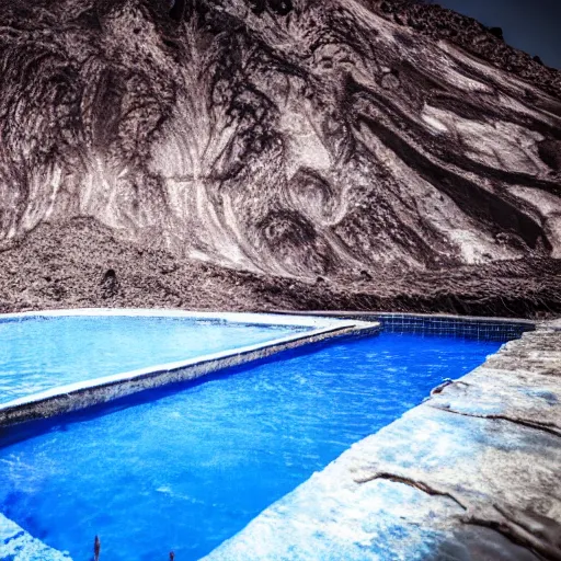 Prompt: A photo of a blue beautiful pool in the middle of infierno,hell, fire, lava in 85mm lense, artistic, highly realistic, super detailed, very very detailed, very ahestetic