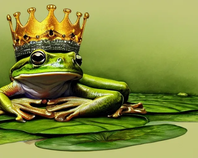 Prompt: the frog king, wearing a crown, sitting on a throne on a lily pad, fantasy concept art, digital painting, oil painting, hyperrealistic, highly detailed, artstation, cgsociety, by alan lee, by artgerm