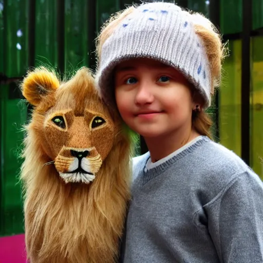 Image similar to she is a girl with a bird representing puberty on her face spots. he is used to dressing up as a tomboy and wearing a hat knitted hat, wearing green sweater, a beautiful blonde hair makes him look like a little lion with brute force.