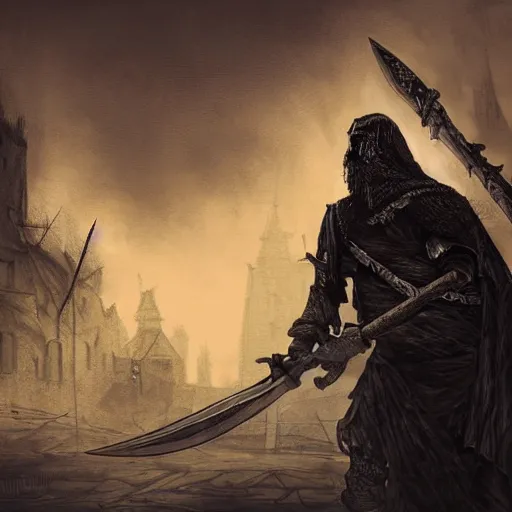 Prompt: extremely detailed and striking dark fantasy illustration of an executioner holding an axe in a town square, apocalyptic sky