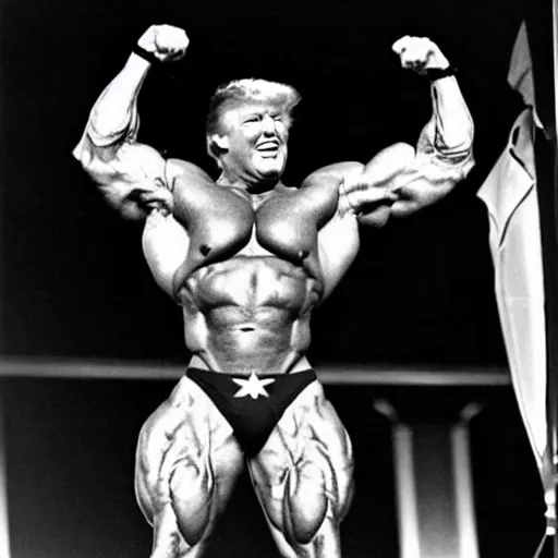 Image similar to Donald Trump competing in Mr. Olympia. Huge muscular steroid body