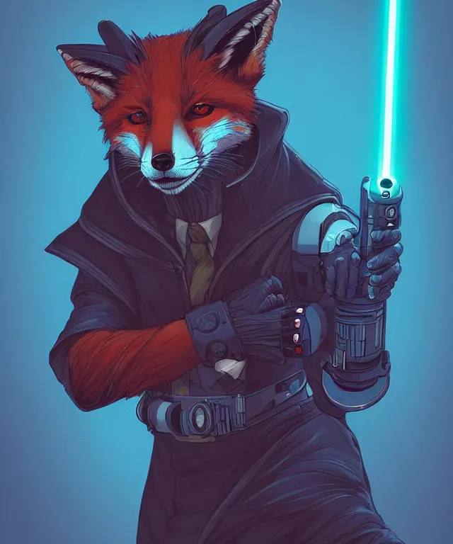 Image similar to a portrait of an anthropomorphic cyberpunk fox holding a lightsaber, fantasy, elegant, digital painting, artstation, concept art, matte, sharp focus, illustration, art by josan gonzalez