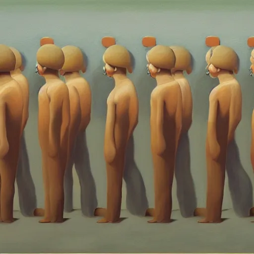 Prompt: a painting of a group of people standing in a line, a surrealist painting by george tooker, reddit, cynical realism, dystopian art, surrealist, academic art