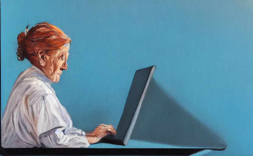Image similar to a painting of an old woman walking across the keyboard of a giant laptop, high quality, smooth, blue period