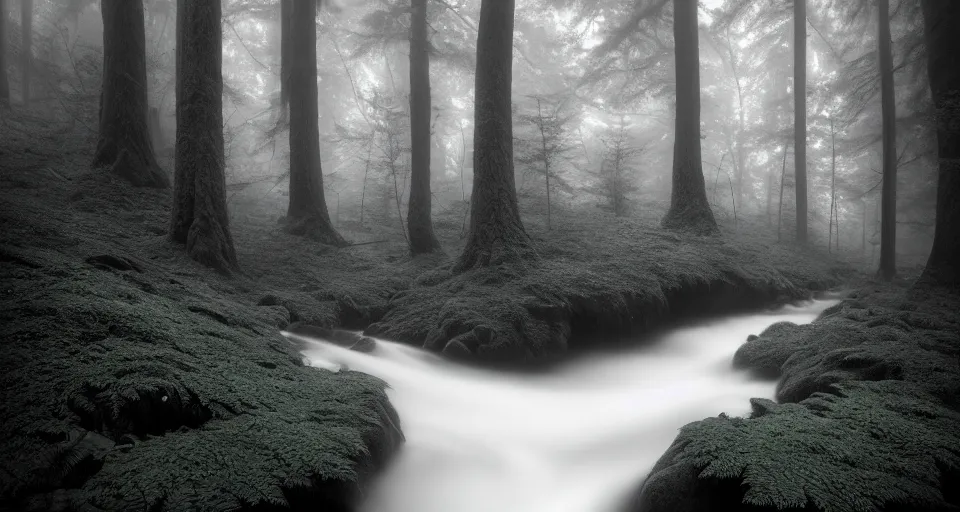 Image similar to deep inside the forest, stream, fog, mist, moss, ferns, epic, award winning photo by ansel adams, maximalist masterpiece, artstation