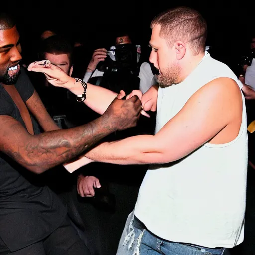 Prompt: paparazzi picture of Kanye West and Jonah Hill fighting, highly detailed