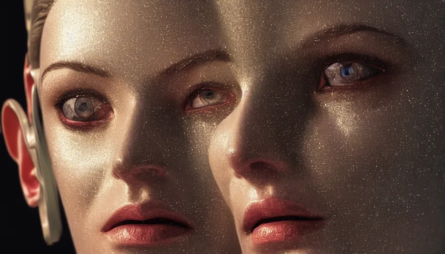 Image similar to hyperrealistic mixed media portrait of humanoid roboter forward angle, stunning 3d render inspired art by P. Craig Russell + perfect facial symmetry + dim volumetric lighting, 8k octane beautifully detailed render, post-processing, extremely hyperdetailed, intricate complexity, epic composition, grim yet sparkling atmosphere, cinematic lighting + masterpiece, trending on artstation