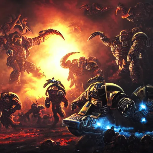 Image similar to space marines fighting off a horde of tyranids, 4k digital art, Doom, hyper realistic, HD, Warhammer40k