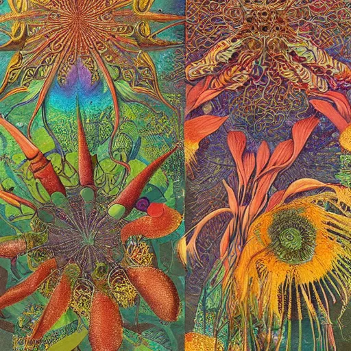 Image similar to colorful artwork by ernst haeckel with vividly fractured pixiv scenery art macroscopic imprints of ethereal plant illumination, put onto canvas