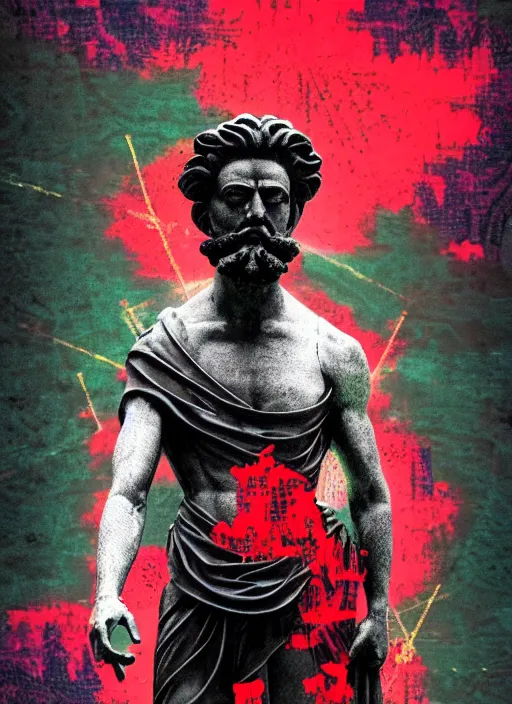Prompt: black background with very subtle red and purple design elements, statue of marcus aurelius, powerful, nekro, graphic design, collage art, thin lines, dark, glitch art, neo vaporwave, gritty, layout frame, square, trending on artstation