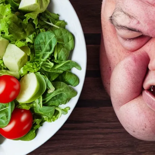 Image similar to a morbidly obese man begrudgingly eating a salad,