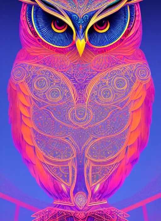 Image similar to symmetry!! product render poster vivid colors divine proportion owl, 神 圣, glowing fog intricate, elegant, highly detailed, digital painting, artstation, concept art, smooth, sharp focus, illustration,