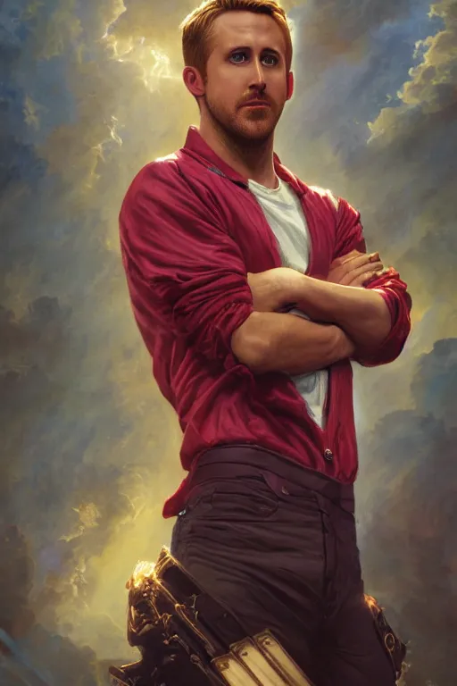 Prompt: a fantasy comic book style portrait painting of ryan gosling, as a drive protagonist, francois boucher, oil painting, daz, hyperrealistic, octane render, regal, refined, detailed digital art, rpg portrait, william - adolphe bouguereau, michael cheval, dynamic lighting, highly detailed, cinematic lighting, 8 k, hd