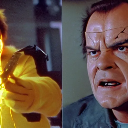 Prompt: Jack Nicholson plays Terminator, scene where he shoots Pikachu, yellow fur explodes