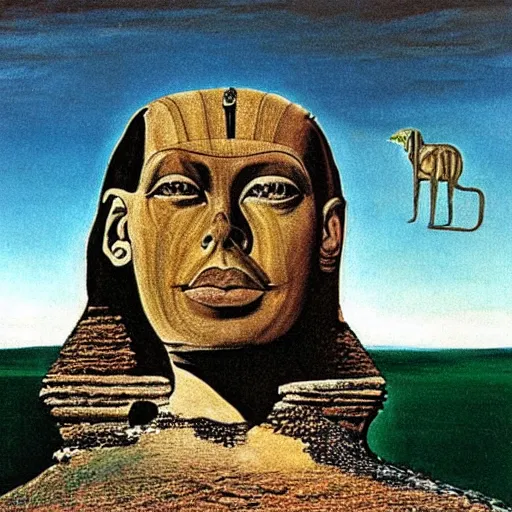 Image similar to the sphinx with the head of john cleese, young john cleese's head on the sphinx, painting by salvador dali