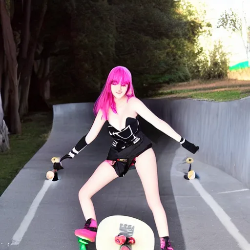 Prompt: Meru The Succubus riding a skateboard