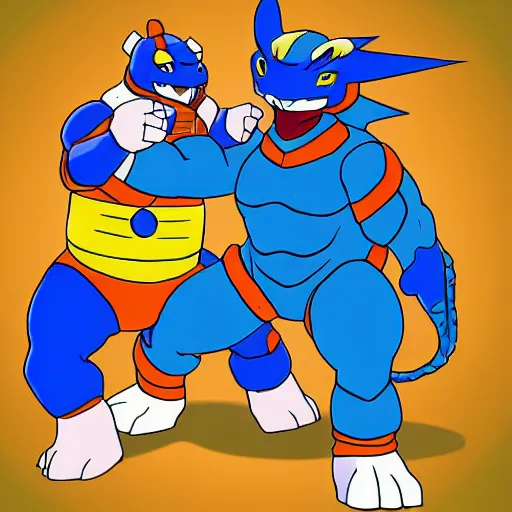 Image similar to blastoise punching charizard in the face wrestling ring in the style of chibi tetsuya