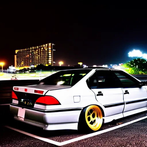 Prompt: a car JZX100 twin turbo at illegal car meet, Chiba prefecture, city midnight mist lights, photorealistic, highly detailed, 50MM