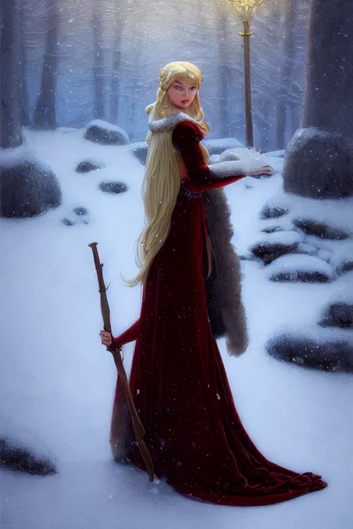 Image similar to nostalgia for a fairytale, nordic, snowing, medieval maiden dressed in furs, red velvet gown, long hair, tall and thin, illustration, dramatic lighting, soft details, painting, art nouveau, octane render, 8 k, hd, by edmund blair leighton, brom, charlie bowater, faces by otto schmidt