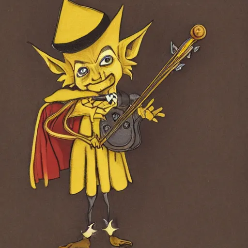 Image similar to yellow goblin in a cloak wearing a fiddle for a hat