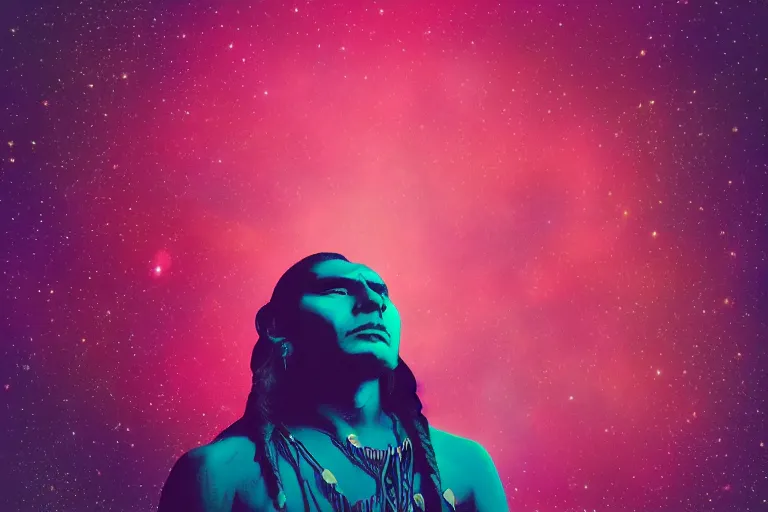 Image similar to photograph of a spiritual native american man looking up at the stars, art, universe, blender, pastel colors, synthwave, retro, cyberpunk,