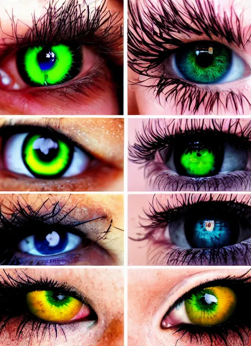 Image similar to grid montage of eyes, detailed colored textures, eyelashes, advanced art, art styles mix, from wikipedia, wet reflections in eyes, sunshine lighting, hd macro photograph, from side, various eyelid positions, black sphere pupil centered