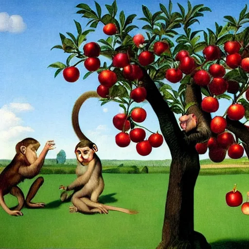 Image similar to an apple tree throwing apples at a monkey by Raphael, Hopper, and Rene Magritte. detailed, romantic, enchanting, trending on artstation.